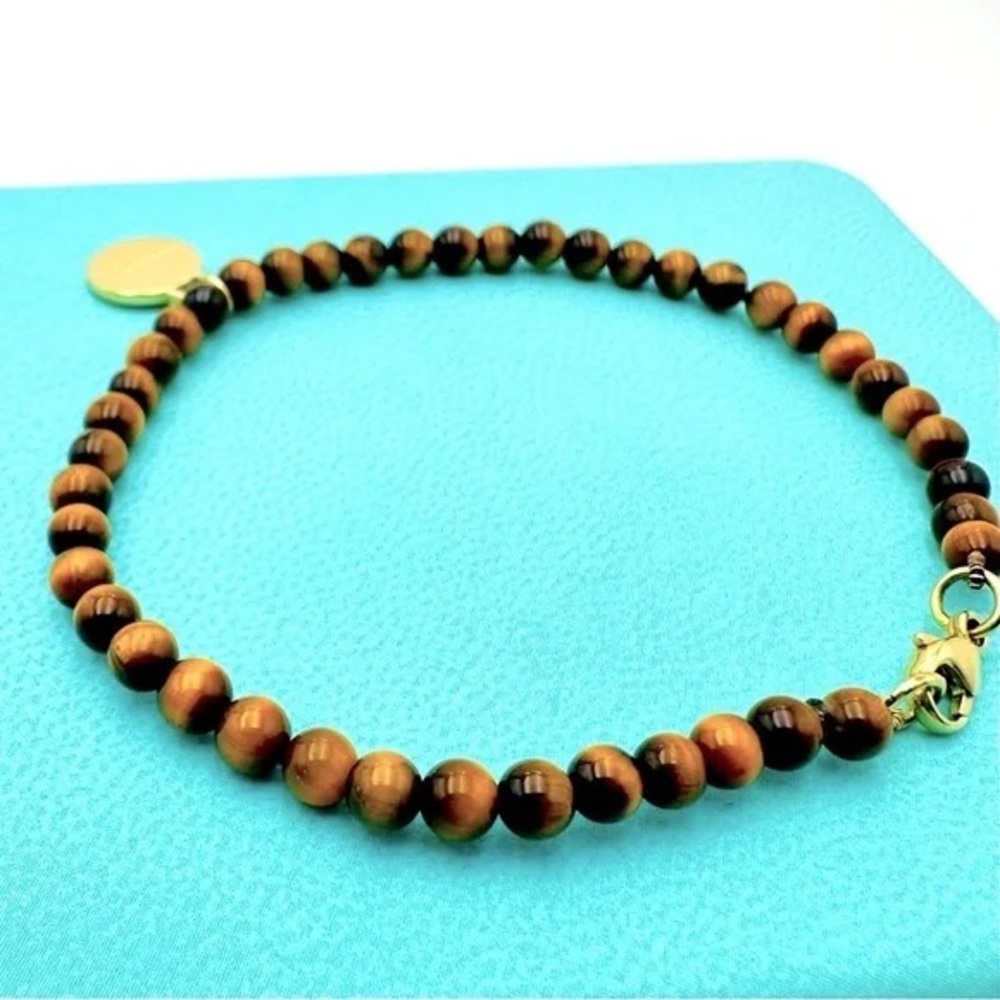 TIFFANY & CO. • Return to Tiffany™ 18K Yellow Gold Tag Tigers Eye Bead Bracelet - Picture 13 of 16